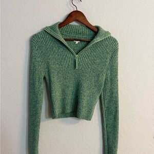Aerie Green Ribbed Knit Cropped Quarter Zip Sweater